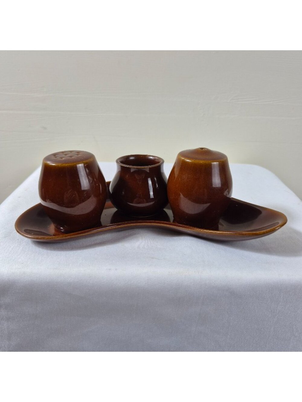 Vintage Bourne Bendy England Brown Pottery Salt Pepper Mustard Condiment Set
